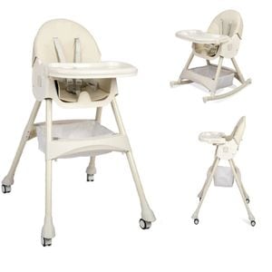 Scaun de Masa Pliabil 7 in1 KinderVibe 6 Luni +, Tavita si Husa Detasabile si Lavabile, Roti, Centura in 5 Puncte, Ajustabil pe Inaltime, Balansoar, Cos de Depozitare, White Gray