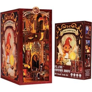 Puzzle 3D Cotor de carte DIY, Cu lumina LED, Stil retro, Buton cu touch, Suport carti Book Nook Flame Common Room