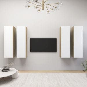 Comoda TV 4 buc alb/stejar Sonoma 30, vidaXL, 5x30x110 cm, lemn prelucrat
