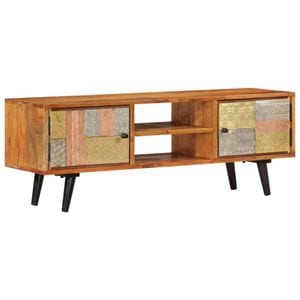 Comoda TV cu usi vidaXL, 112x30x40 cm, lemn masiv de acacia si metal