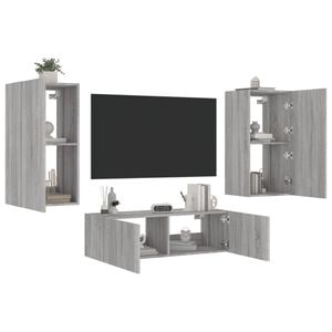 Comode TV de perete cu lumini LED vidaXL, 3 piese, gri sonoma