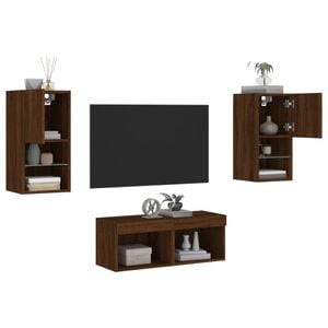 Comode TV de perete cu lumini LED vidaXL, 4 piese, stejar maro