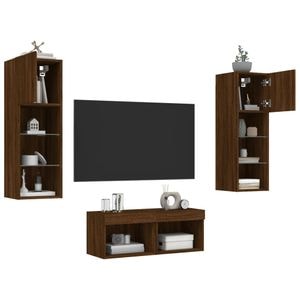 Comode TV de perete cu lumini LED vidaXL, 4 piese, stejar maro