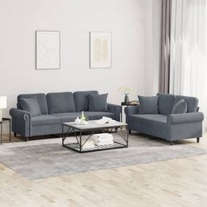 Set canapea cu perne vidaXL, 2 piese, 152 x 77 x 80, catifea, Gri