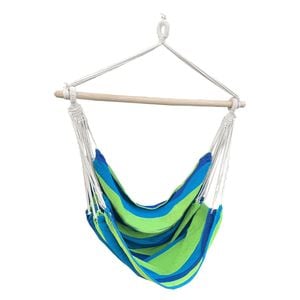 Hamac DacEnergy,cu bara din lemn, bumbac si poliester,tip scaun,model cu dungi,cusaturi intarite, 100 x 130 cm,verde si albastru