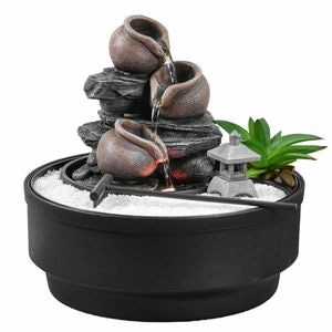 Fantana decorativa Zen pentru interior cu iluminare LED si mini gradina, 21 x 21 x 21 cm, polirasina, multicolor