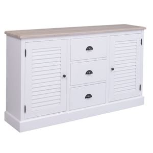 Bufet cu 2 usi, 3 sertare, blat stejar, Colectia Shutter, culoare blat gir P063, culoare corp alb P004, dublu color, 100% lemn masiv, 158x90x37 cm