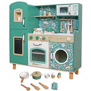 Set Bucatarie cu Accesorii pentru Copii, din Lemn, Vintage Floral, Arzatoare cu Baterii, Cuptor, Chiuveta, Masina de Spalat Rufe, Instrumente pentru Gatit, 91CM Inaltime, Verde