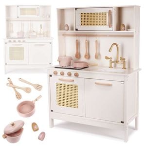 Bucatarie Pentru Copii RetroKitchen, Din Lemn, Include Plita cu lumini si sunete, Cuptor, Chiuveta, cu Spatiu de Depozitare, 8 Accesorii,  100Cm Inaltime, Alb/Auriu