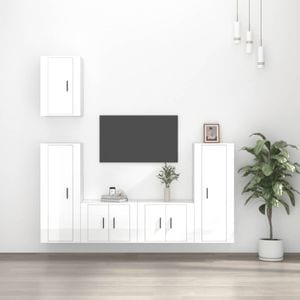 Set comoda TV vidaXL, 5 piese, lemn prelucrat, alb extralucios