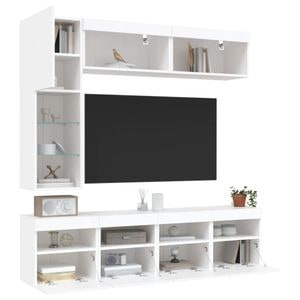 Set comode TV de perete vidaXL, 7 piese, cu lumini LED, lemn, alb 