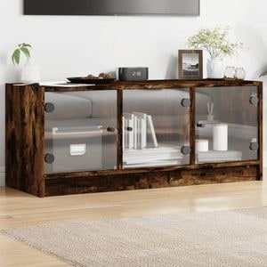 Comoda TV cu usi din sticla vidaXL, 102 x 37 x 42 cm, lemn, stejar fumuriu