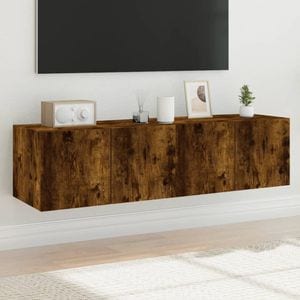 Comoda TV de perete cu LED vidaXL, 2 buc. 60 x 35 x 31 cm, lemn, stejar fumuriu