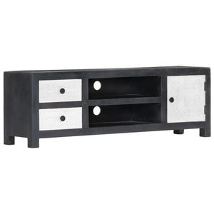 Comoda TV sculptata manual vidaXL, 120 x 30 x 40 cm, lemn masiv mango, gri/alb