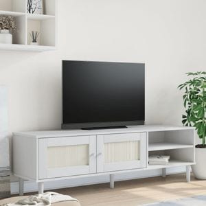 Comoda TV SENJA aspect ratan vidaXL, 158 x 40 x 49 cm, lemn masiv pin, alb