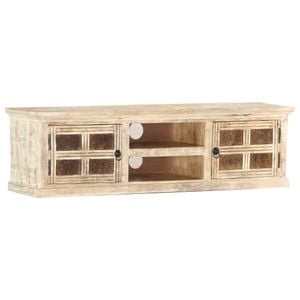 Comoda TV vidaXL, 130 x 30 x 36 cm, lemn masiv de mango, alb