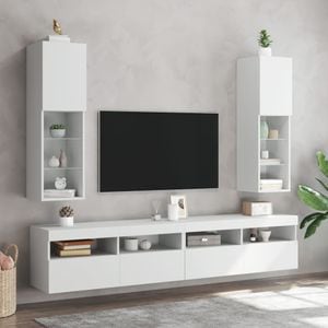 Comode TV cu lumini LED vidaXL, 2 buc., 30,5 x 30 x 102 cm, lemn, alb
