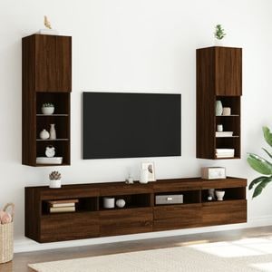 Comode TV cu lumini LED vidaXL, 2 buc., 30,5 x 30 x 102 cm, lemn, stejar maro