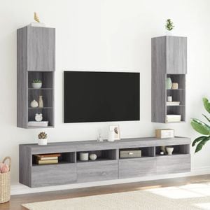 Comode TV cu lumini LED vidaXL, 2 buc., 30,5 x 30 x 102 cm, lemn, gri sonoma