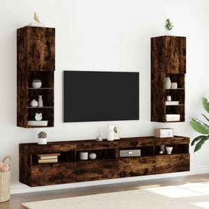 Comode TV cu lumini LED vidaXL, 2 buc., 30,5 x 30 x 102 cm, lemn, stejar fumuriu