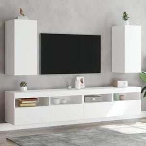 Comode TV de perete cu lumini LED vidaXL, 2 buc., 30,5 x 35 x 70 cm, lemn, alb