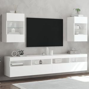 Comode TV de perete cu lumini LED vidaXL, 2 buc., 40 x 30 x 60,5 cm, lemn, alb