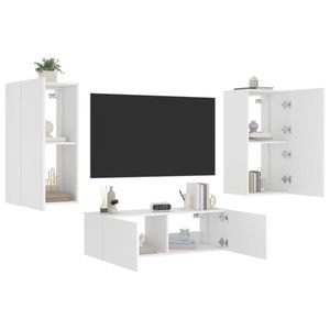Comode TV de perete cu lumini LED vidaXL, 3 piese, lemn, alb 