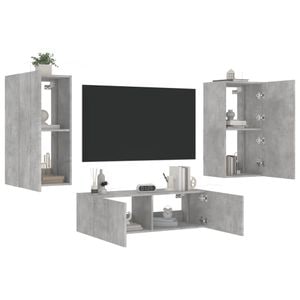 Comode TV de perete cu lumini LED vidaXL, 3 piese, lemn, gri beton