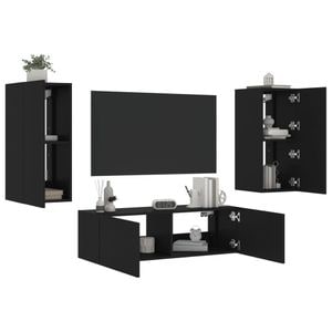 Comode TV de perete cu lumini LED vidaXL, 3 piese, lemn, negru