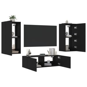 Comode TV de perete cu lumini LED vidaXL, 3 piese, lemn, negru