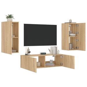 Comode TV de perete cu lumini LED vidaXL, 3 piese, maro, stejar sonoma