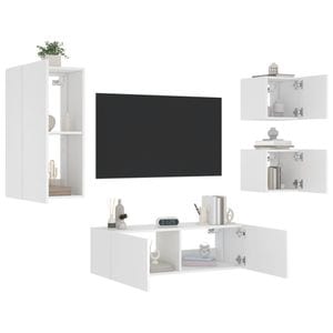 Comode TV de perete cu lumini LED vidaXL, 4 piese, lemn, alb 
