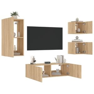 Comode TV de perete cu lumini LED vidaXL, 4 piese, maro, stejar sonoma
