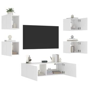 Comode TV de perete cu lumini LED vidaXL, 5 piese, lemn, alb 