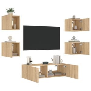 Comode TV de perete cu lumini LED vidaXL, 5 piese, maro, stejar sonoma