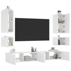 Comode TV de perete cu lumini LED vidaXL, 6 piese, lemn, alb 