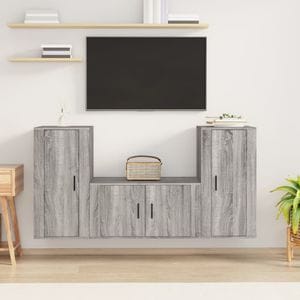 Set Comoda TV vidaXL, 3 piese, lemn prelucrat, gri sonoma
