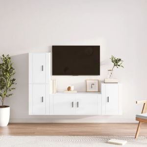 Set comoda TV vidaXL, 4 piese, lemn prelucrat, alb extralucios