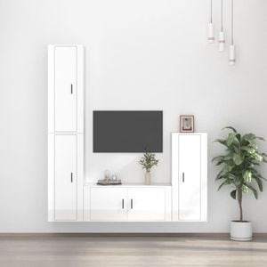 Set comoda TV vidaXL, 4 piese, lemn prelucrat, alb extralucios