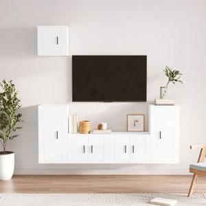 Set comoda TV vidaXL, 5 piese, lemn prelucrat, alb extralucios