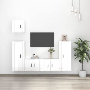 Set comoda TV vidaXL, 5 piese, lemn prelucrat, alb extralucios