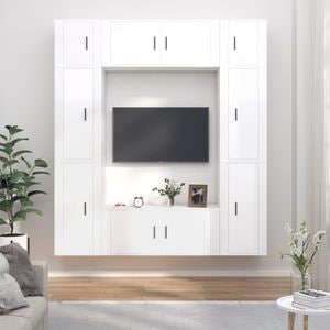 Set comoda TV vidaXL, 8 piese, lemn prelucrat, alb extralucios