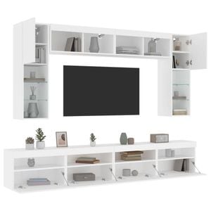 Set comode TV de perete vidaXL, 8 piese, cu lumini LED, lemn, alb 