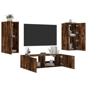 Comode TV de perete cu lumini LED vidaXL, 3 piese, lemn, stejar fumuriu