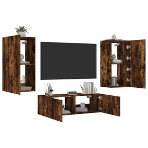 Comode TV de perete cu lumini LED vidaXL, 3 piese, lemn, stejar fumuriu