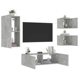 Comode TV de perete cu lumini LED vidaXL, 4 piese, lemn, gri beton