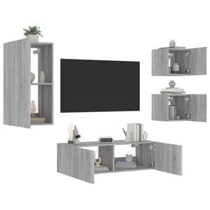 Comode TV de perete cu lumini LED vidaXL, 4 piese, lemn, gri sonoma