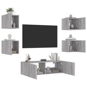 Comode TV de perete cu lumini LED vidaXL, 5 piese, lemn, gri sonoma