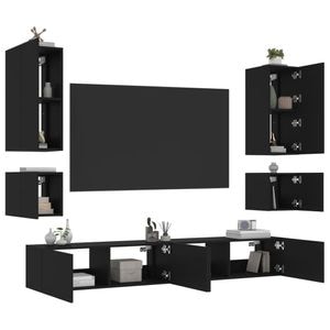 Comode TV de perete cu lumini LED vidaXL, 6 piese, lemn, negru