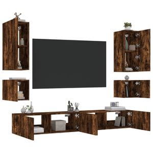 Comode TV de perete cu lumini LED vidaXL, 6 piese, lemn, stejar fumuriu